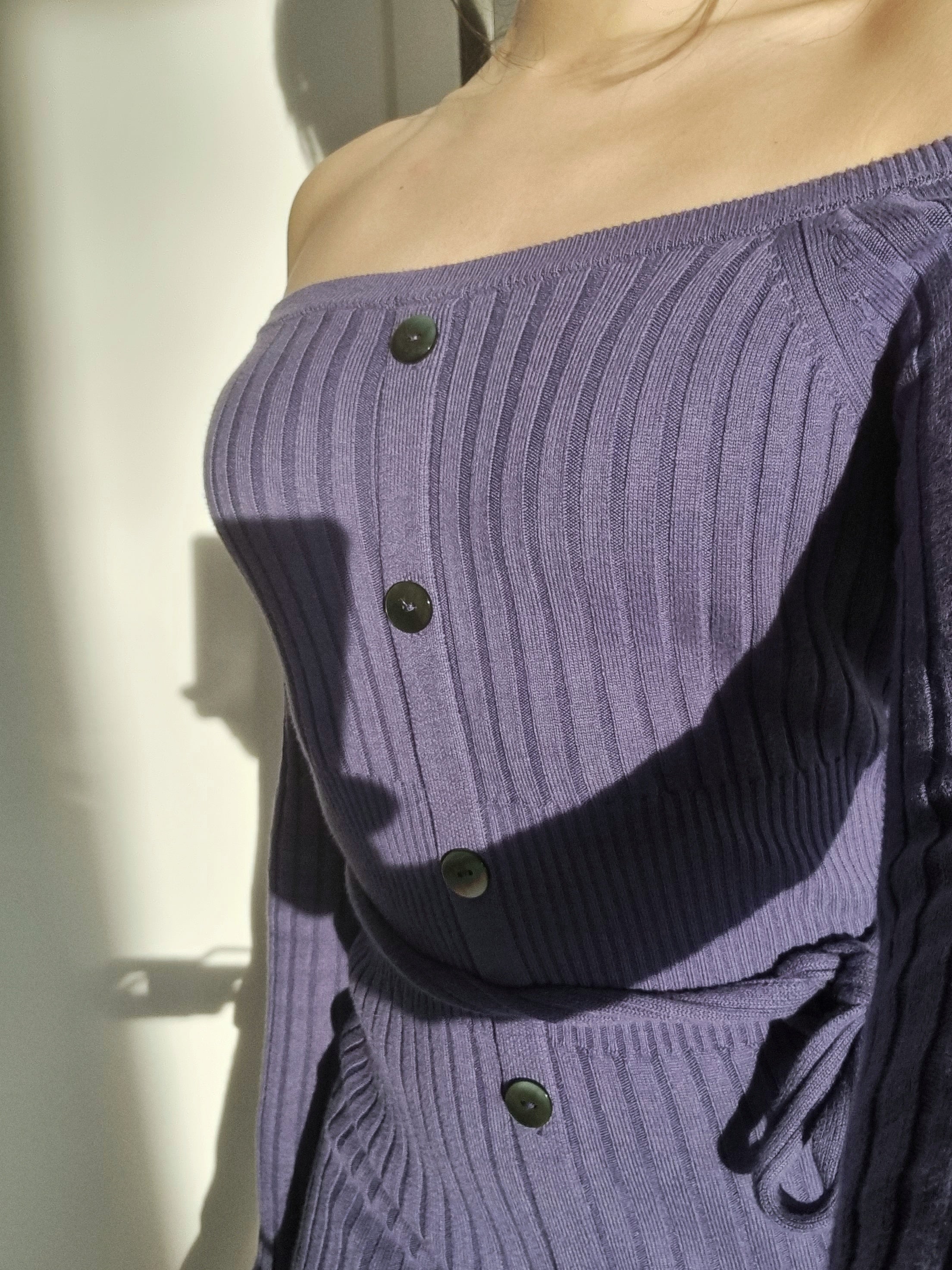 hello ronron | Sylvie Dress Very Peri | Button-embellished off-shoulder ribbed knit midi dress