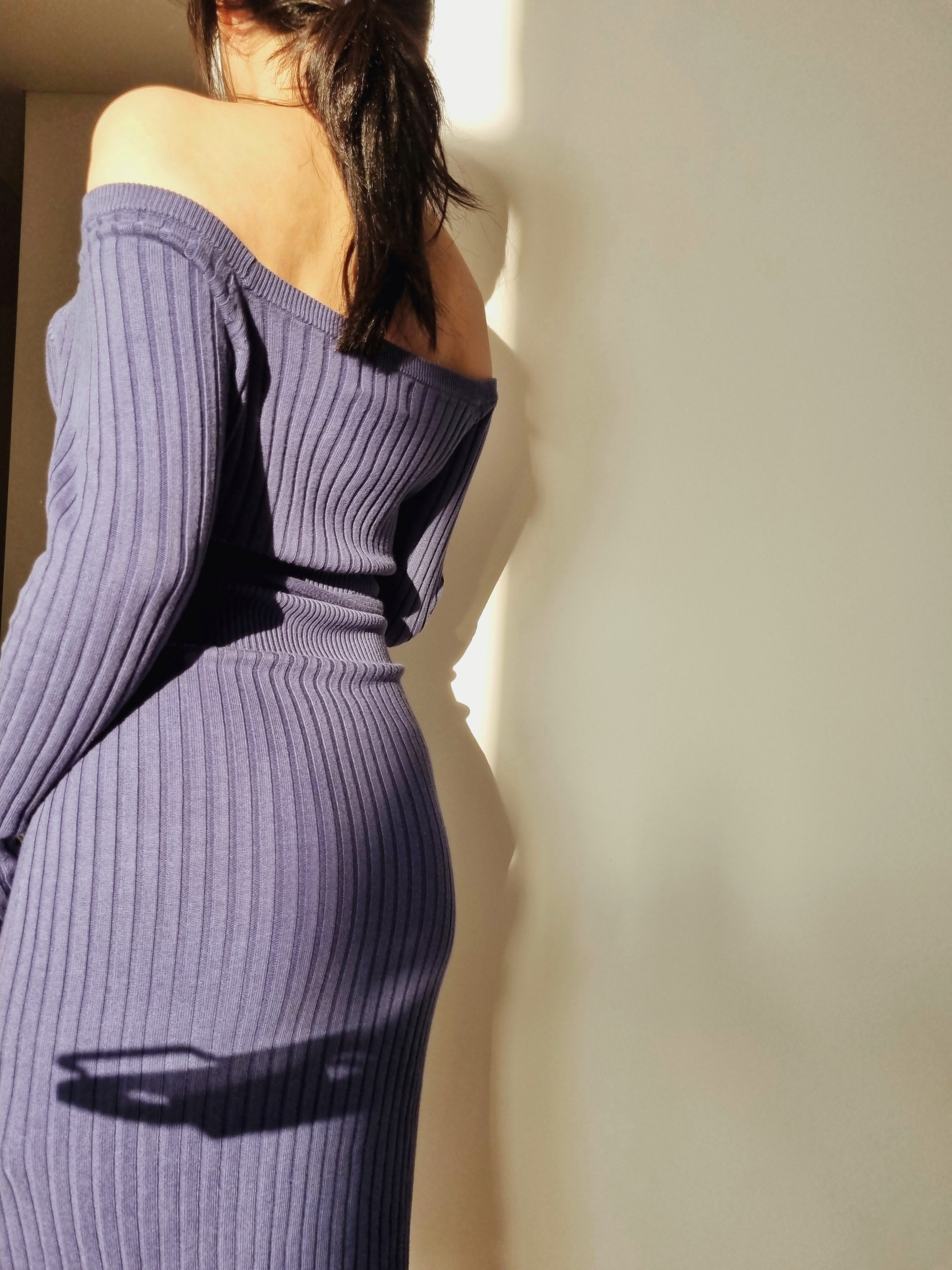hello ronron | Sylvie Dress Very Peri | Button-embellished off-shoulder ribbed knit midi dress