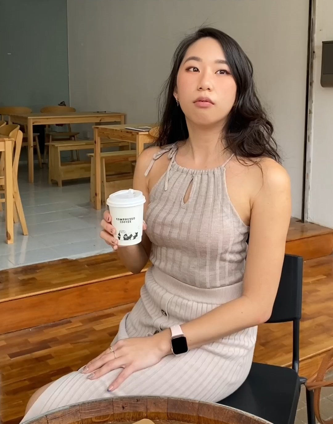 hello ronron | Rosa Top Latte | Tie-detailed ribbed knit halter top