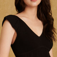 hello ronron Gabrielle Dress Black | V-neck frill sleeve bustier pointelle black knit maxi mermaid dress