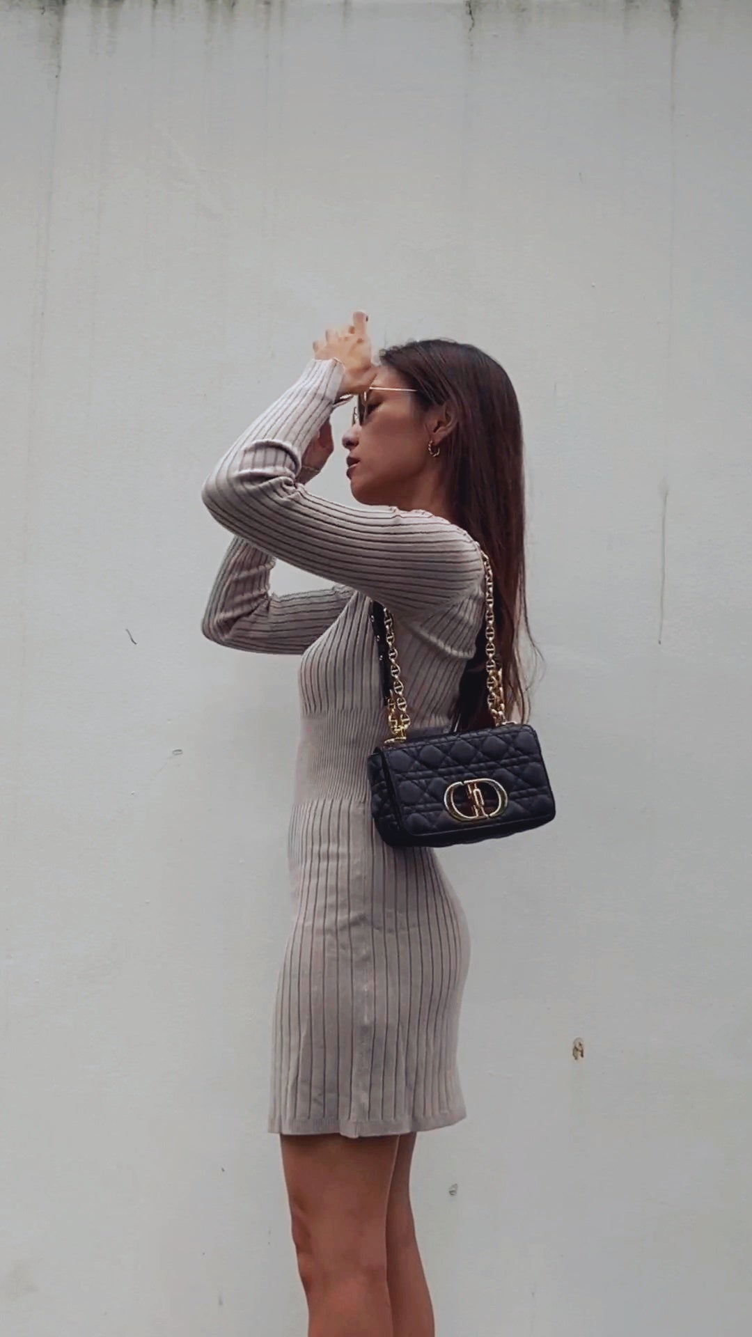 hello ronron | Camille Dress Taupe | Off-shoulder ribbed knit mini dress
