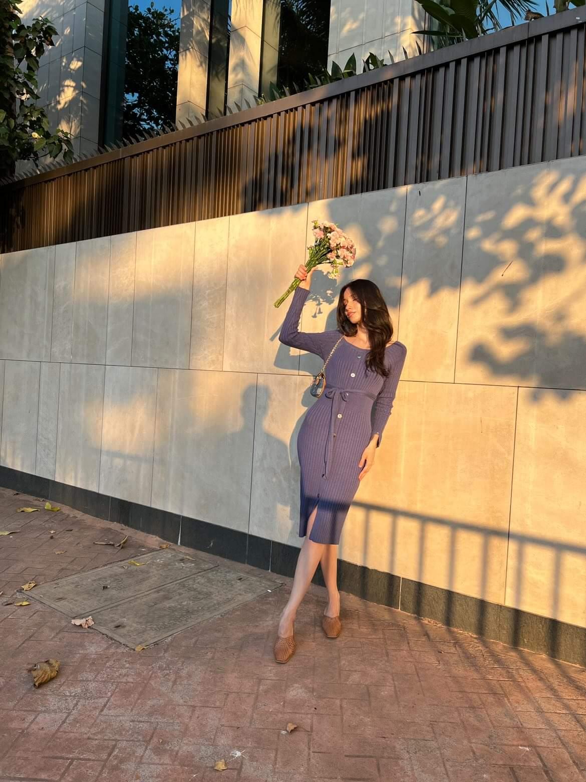 hello ronron Sylvie Dress Very Peri | off-shoulder midi ribbed knit dress with nipped waist embellished mother of pearl seashell buttons