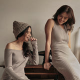 hello ronron | Camille Dress Taupe | Off-shoulder ribbed knit mini dress