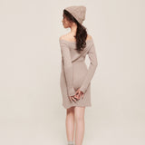 hello ronron | Camille Dress Taupe | Off-shoulder ribbed knit mini dress
