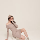 hello ronron | Camille Dress Taupe | Off-shoulder ribbed knit mini dress