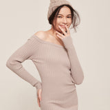 hello ronron | Camille Dress Taupe | Off-shoulder ribbed knit mini dress