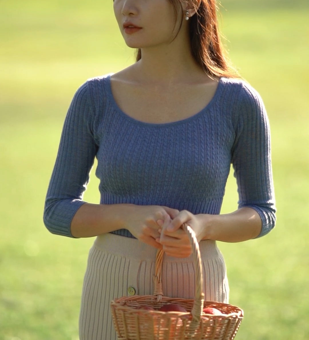 hello ronron | Agnes Top Lavender | Scoop neck cable ribbed knit top