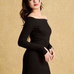 hello ronron | Camille Dress Black | Off-shoulder ribbed knit mini dress