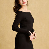 hello ronron | Camille Dress Black | Off-shoulder ribbed knit mini dress
