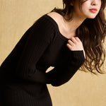 hello ronron | Camille Dress Black | Off-shoulder ribbed knit mini dress