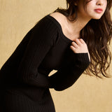 hello ronron | Camille Dress Black | Off-shoulder ribbed knit mini dress