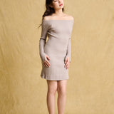 hello ronron | Camille Dress Taupe | Off-shoulder ribbed knit mini dress