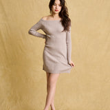 hello ronron | Camille Dress Taupe | Off-shoulder ribbed knit mini dress
