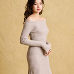 hello ronron | Camille Dress Taupe | Off-shoulder ribbed knit mini dress