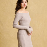 hello ronron | Camille Dress Taupe | Off-shoulder ribbed knit mini dress