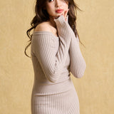 hello ronron | Camille Dress Taupe | Off-shoulder ribbed knit mini dress