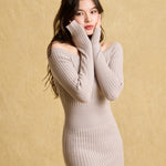 hello ronron | Camille Dress Taupe | Off-shoulder ribbed knit mini dress