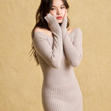 hello ronron | Camille Dress Taupe | Off-shoulder ribbed knit mini dress
