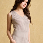 hello ronron | Angelique Dress Taupe | V-neck braided cable knit midi dress