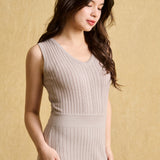hello ronron | Angelique Dress Taupe | V-neck braided cable knit midi dress