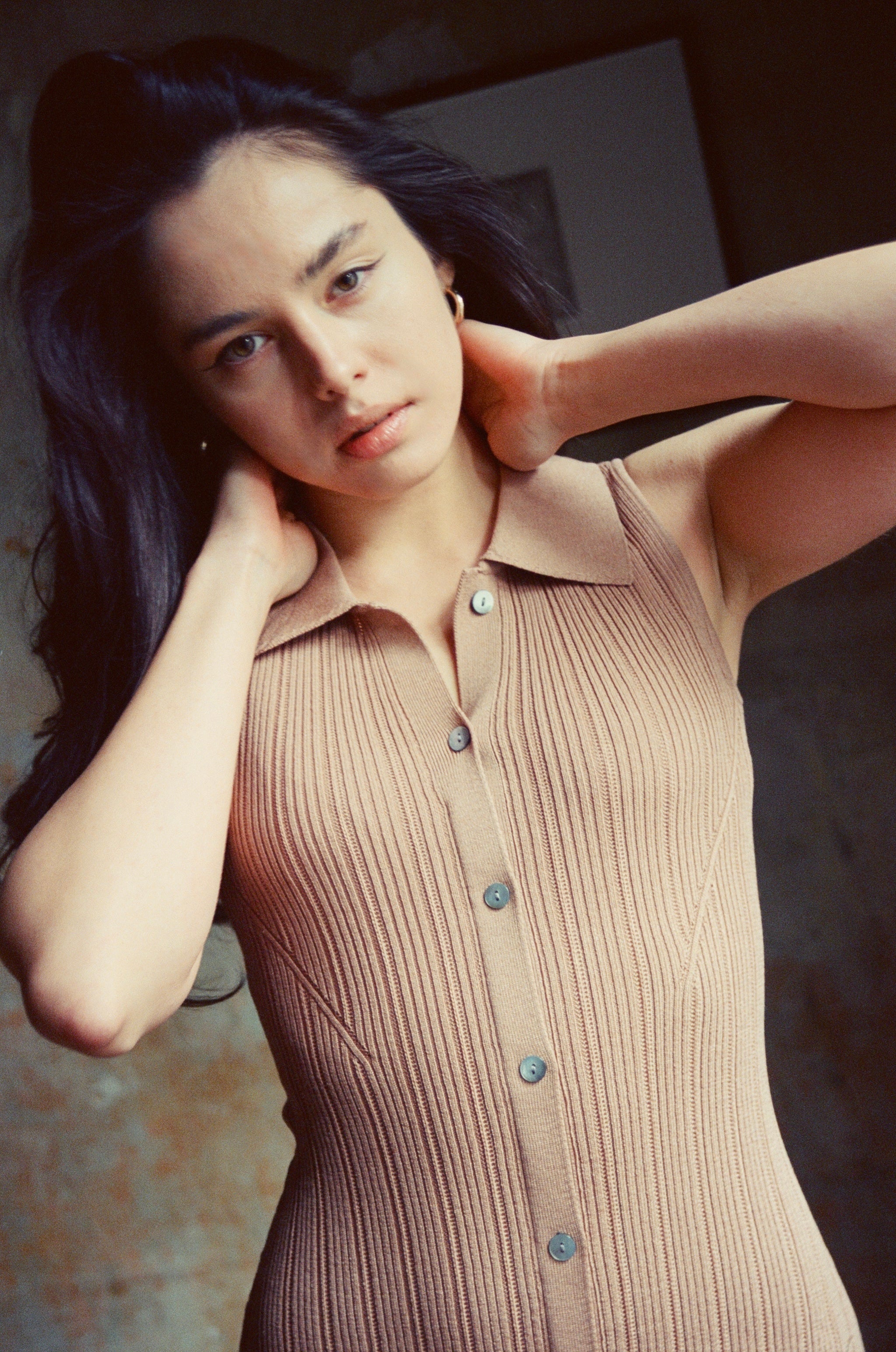 Joan Dress Chai | Button down collar pointelle knit maxi