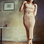 hello ronron | Joan Dress Chai | Button down collar pointelle knit maxi dress | DR027-CHAI