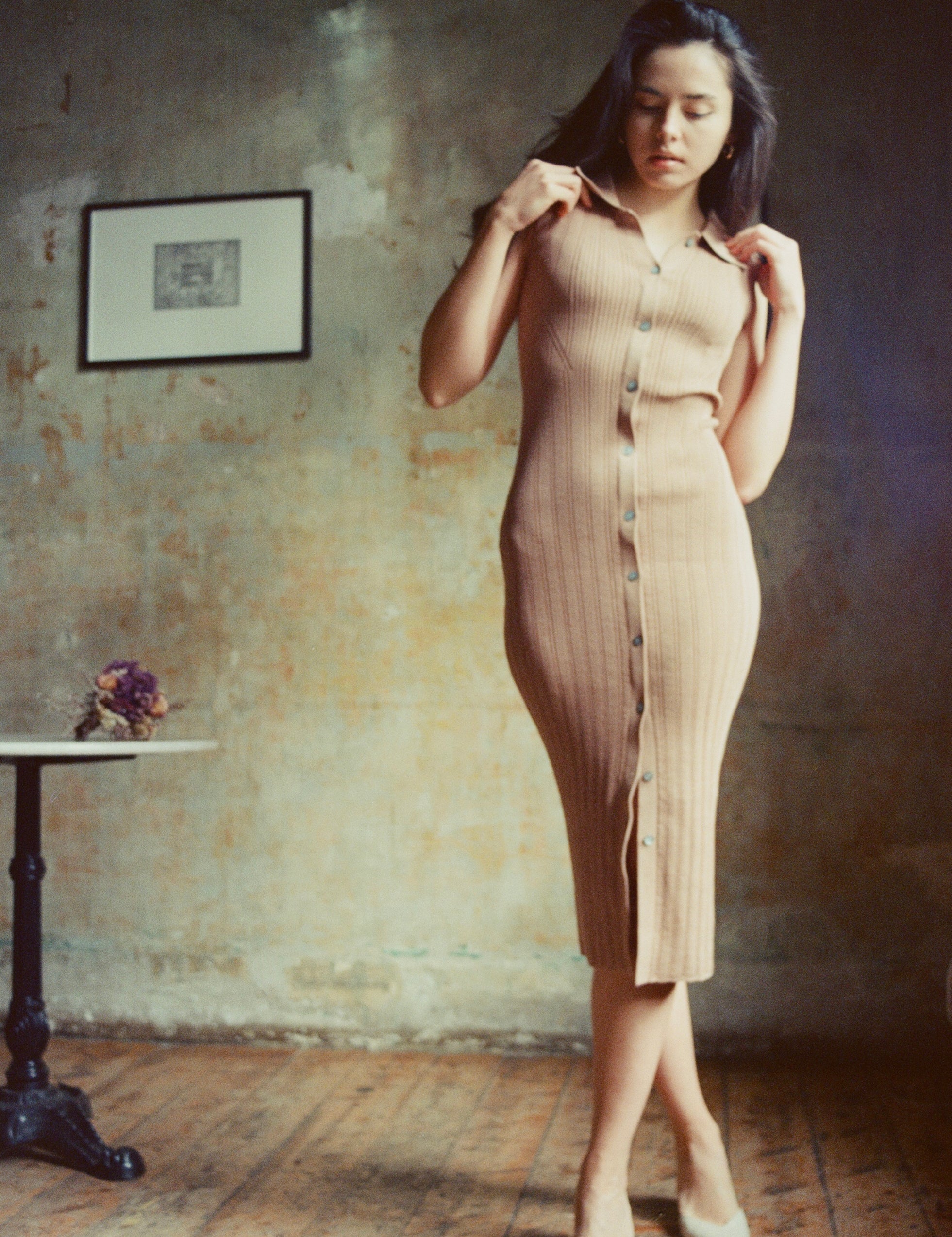hello ronron | Joan Dress Chai | Button down collar pointelle knit maxi dress | DR027-CHAI