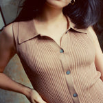 hello ronron | Joan Dress Chai | Button down collar pointelle knit maxi dress | DR027-CHAI