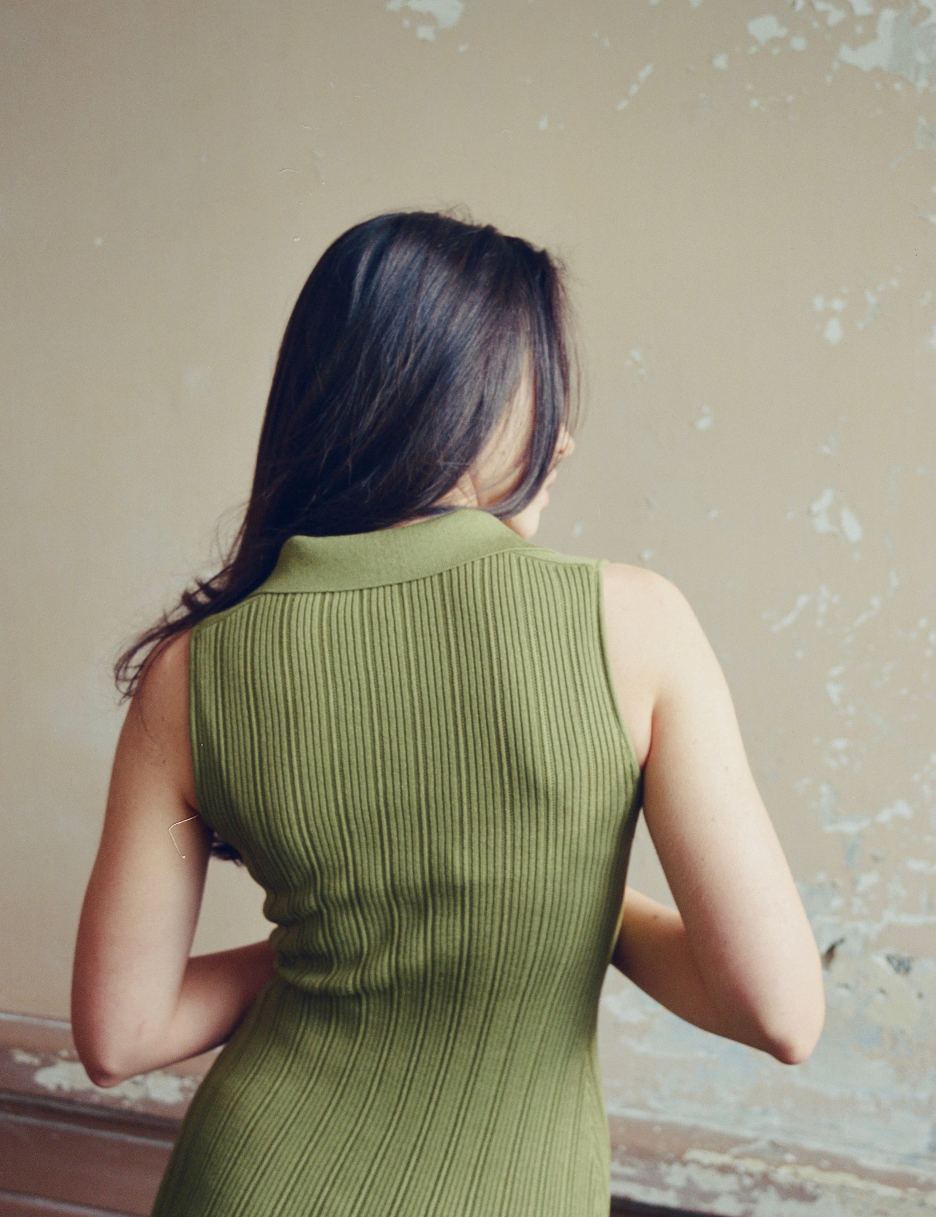 hello ronron | Joan Dress Olive | Button down collar pointelle knit maxi dress | DR027-OLV