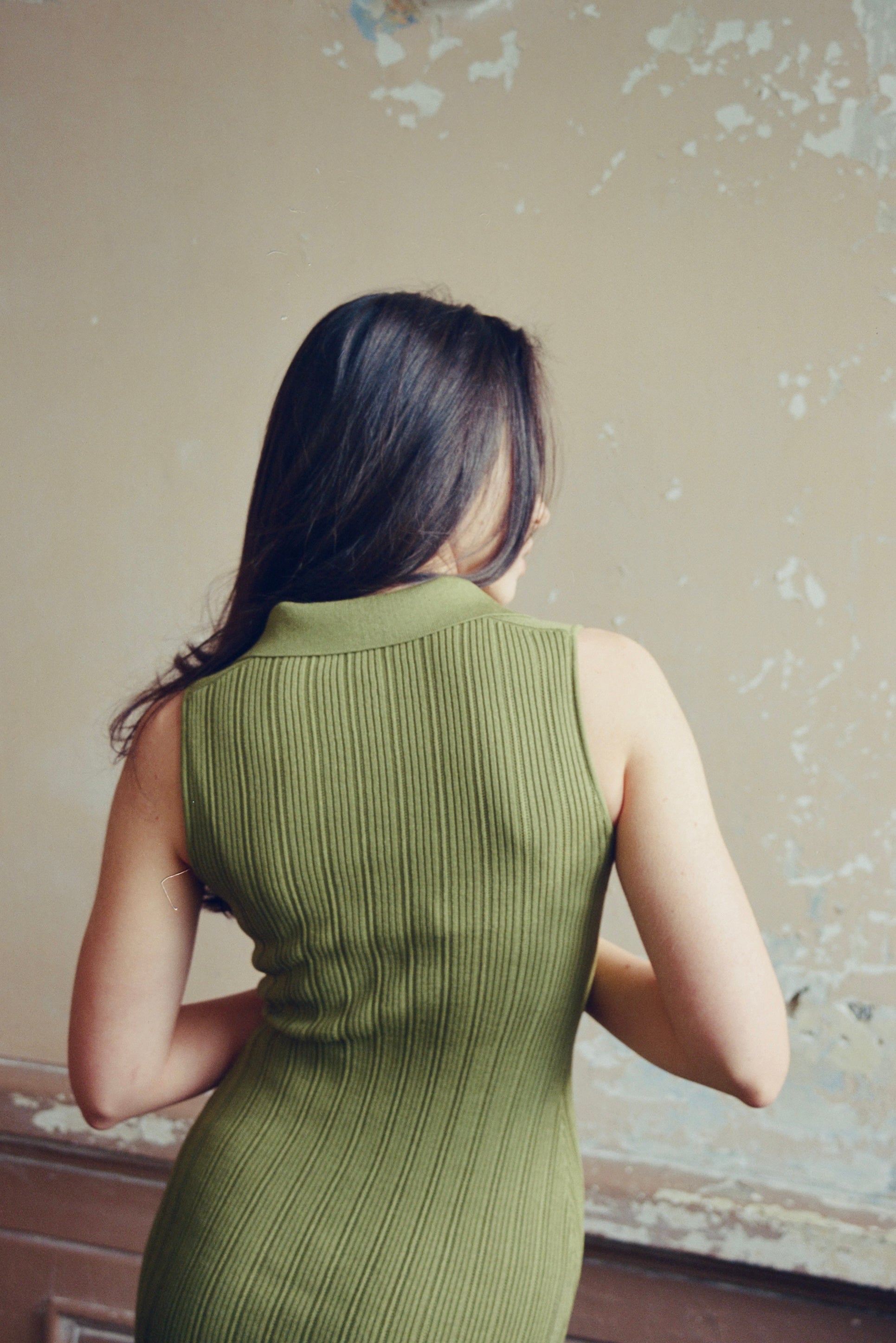 hello ronron | Joan Dress Olive | Button down collar pointelle knit maxi dress | DR027-OLV