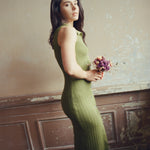 hello ronron | Joan Dress Olive | Button down collar pointelle knit maxi dress | DR027-OLV