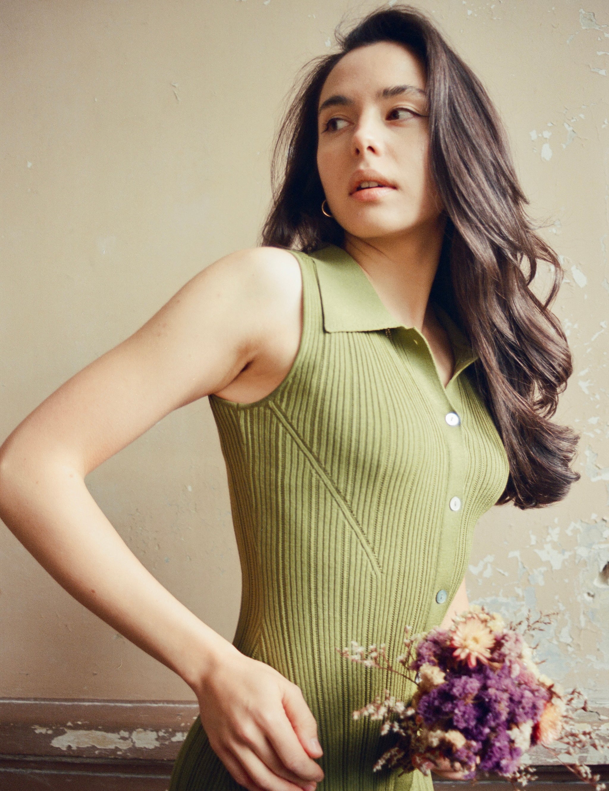 hello ronron | Joan Dress Olive | Button down collar pointelle knit maxi dress | DR027-OLV