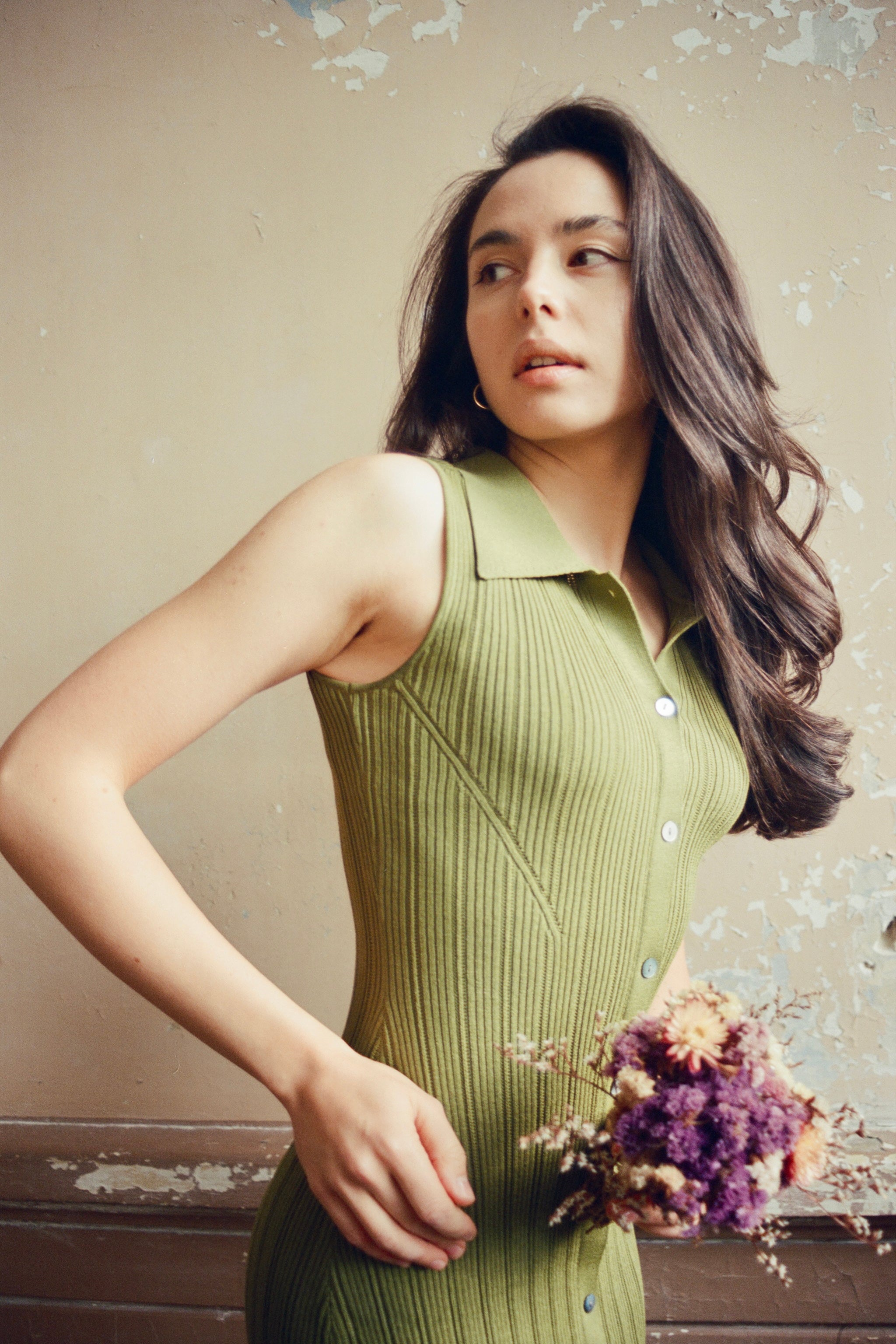 hello ronron | Joan Dress Olive | Button down collar pointelle knit maxi dress | DR027-OLV