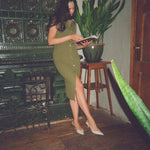 hello ronron | Joan Dress Olive | Button down collar pointelle knit maxi dress | DR027-OLV