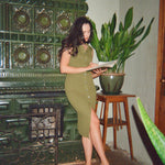hello ronron | Joan Dress Olive | Button down collar pointelle knit maxi dress | DR027-OLV