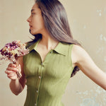 hello ronron | Joan Dress Olive | Button down collar pointelle knit maxi dress | DR027-OLV