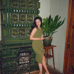 hello ronron | Joan Dress Olive | Button down collar pointelle knit maxi dress | DR027-OLV