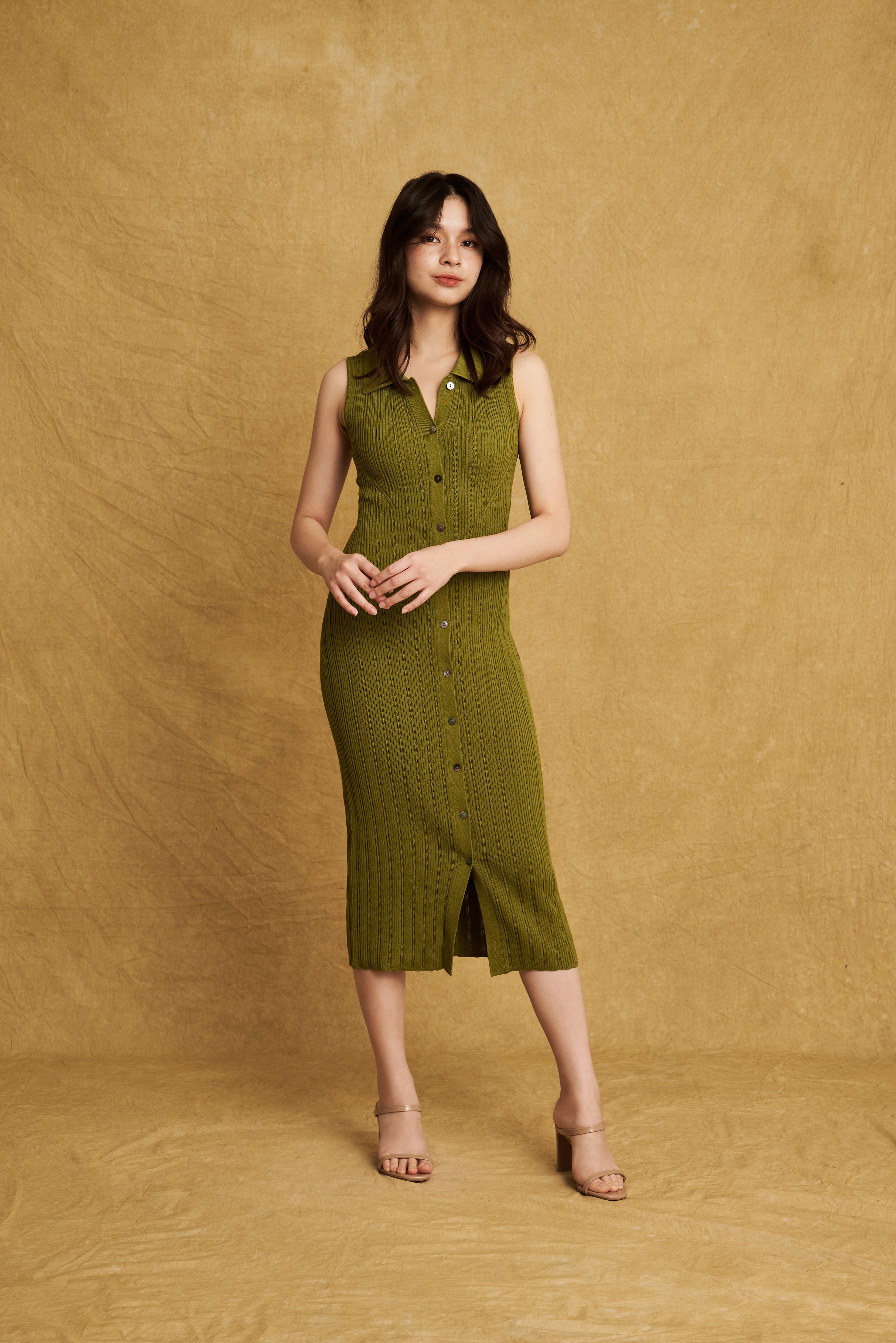 Joan Dress Olive | Button down collar pointelle knit maxi