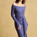 hello ronron | Sylvie Dress Very Peri | Button-embellished off-shoulder ribbed knit midi dress