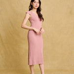 hello ronron | Gabrielle Dress Rosewood Pink | V-Neck Bustier Back tie Frill Sleeve Midi Mermaid Pointelle Knit Dress