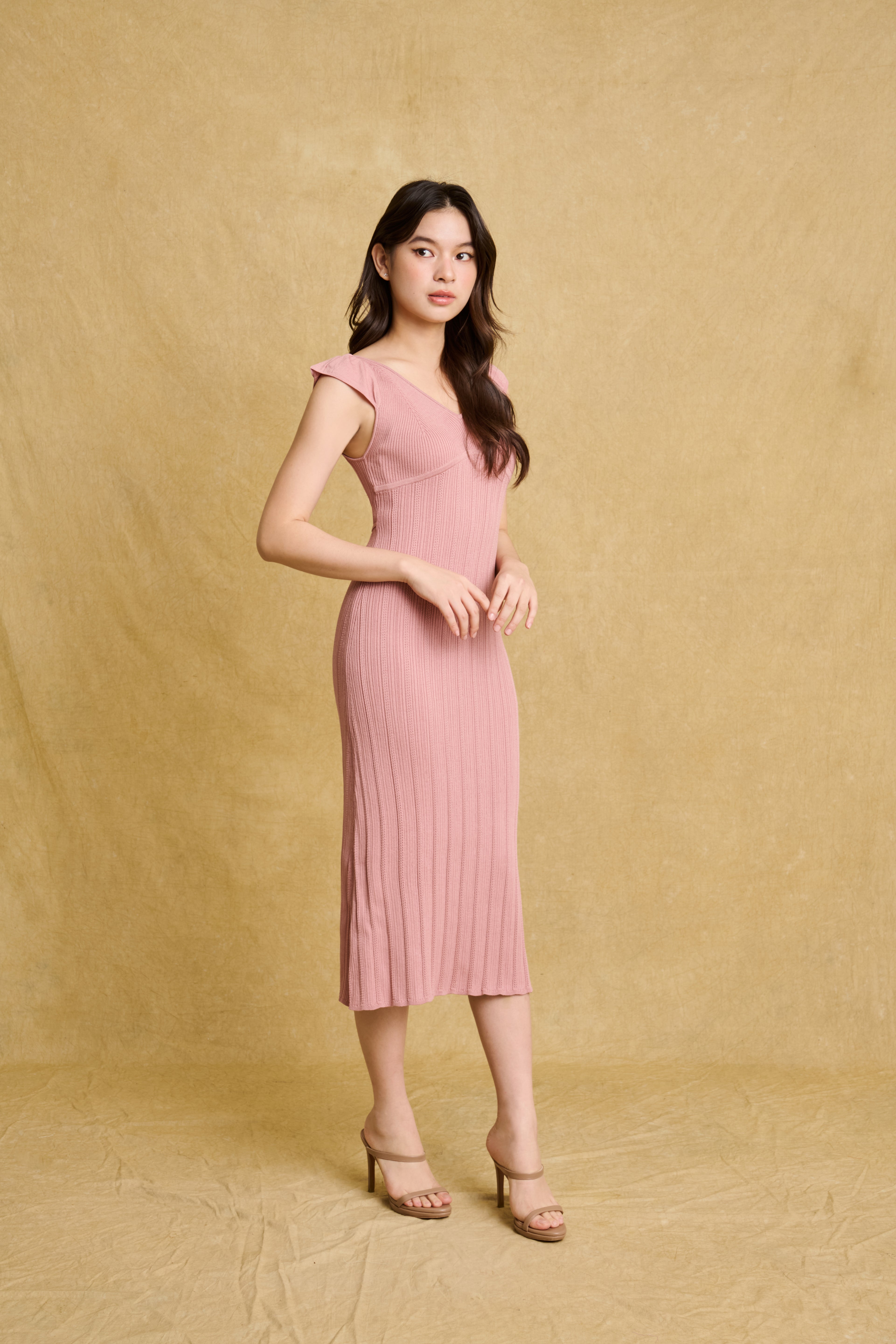 hello ronron | Gabrielle Dress Rosewood Pink | V-Neck Bustier Back tie Frill Sleeve Midi Mermaid Pointelle Knit Dress