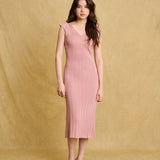 hello ronron | Gabrielle Dress Rosewood Pink | V-Neck Bustier Back tie Frill Sleeve Midi Mermaid Pointelle Knit Dress