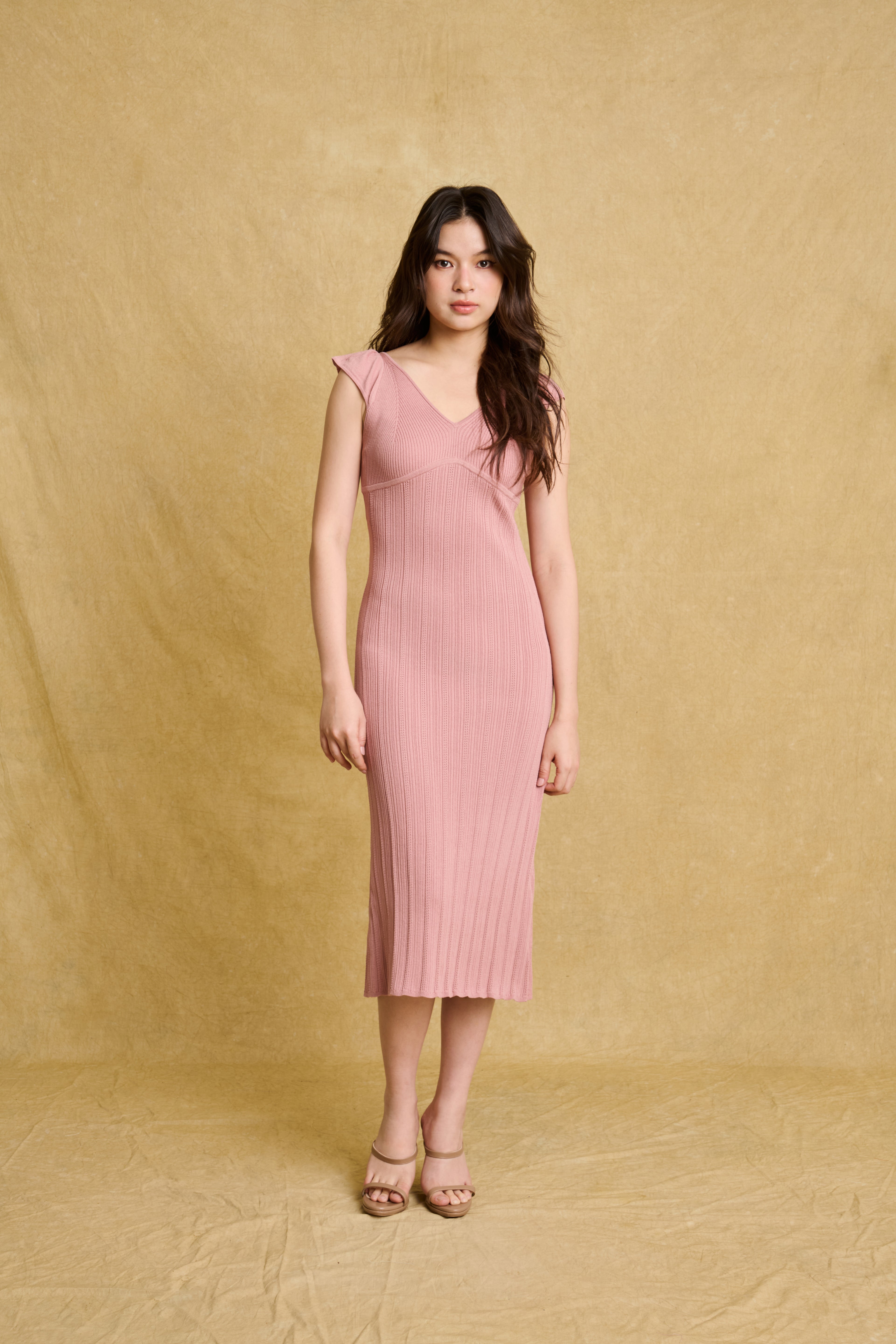 hello ronron | Gabrielle Dress Rosewood Pink | V-Neck Bustier Back tie Frill Sleeve Midi Mermaid Pointelle Knit Dress