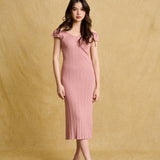 hello ronron | Gabrielle Dress Rosewood Pink | V-Neck Bustier Back tie Frill Sleeve Midi Mermaid Pointelle Knit Dress