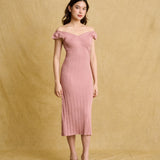 hello ronron | Gabrielle Dress Rosewood Pink | V-Neck Bustier Back tie Frill Sleeve Midi Mermaid Pointelle Knit Dress