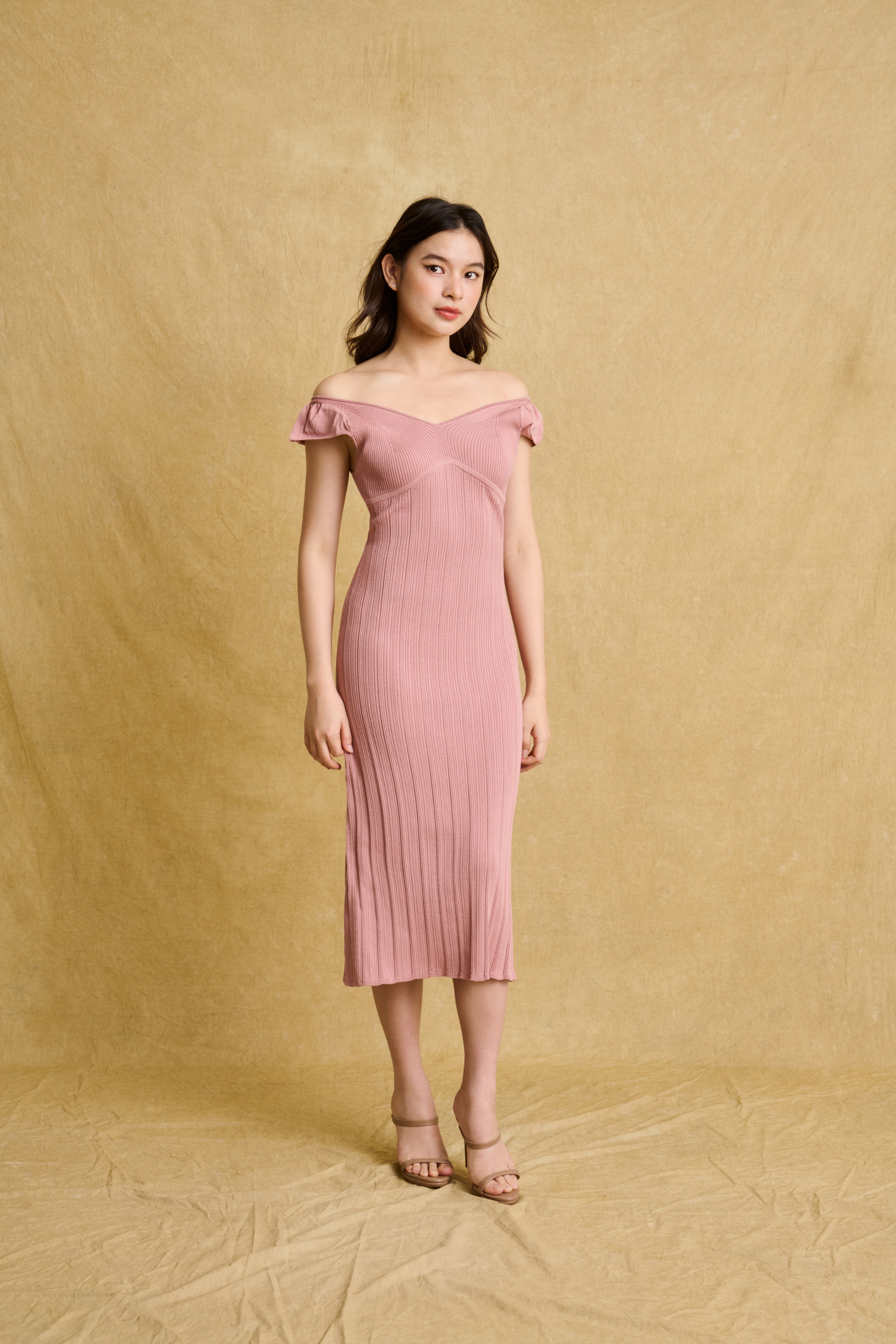 hello ronron | Gabrielle Dress Rosewood Pink | V-Neck Bustier Back tie Frill Sleeve Midi Mermaid Pointelle Knit Dress