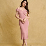 hello ronron | Gabrielle Dress Rosewood Pink | V-Neck Bustier Back tie Frill Sleeve Midi Mermaid Pointelle Knit Dress