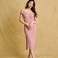 hello ronron | Gabrielle Dress Rosewood Pink | V-Neck Bustier Back tie Frill Sleeve Midi Mermaid Pointelle Knit Dress