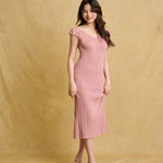 hello ronron | Gabrielle Dress Rosewood Pink | V-Neck Bustier Back tie Frill Sleeve Midi Mermaid Pointelle Knit Dress