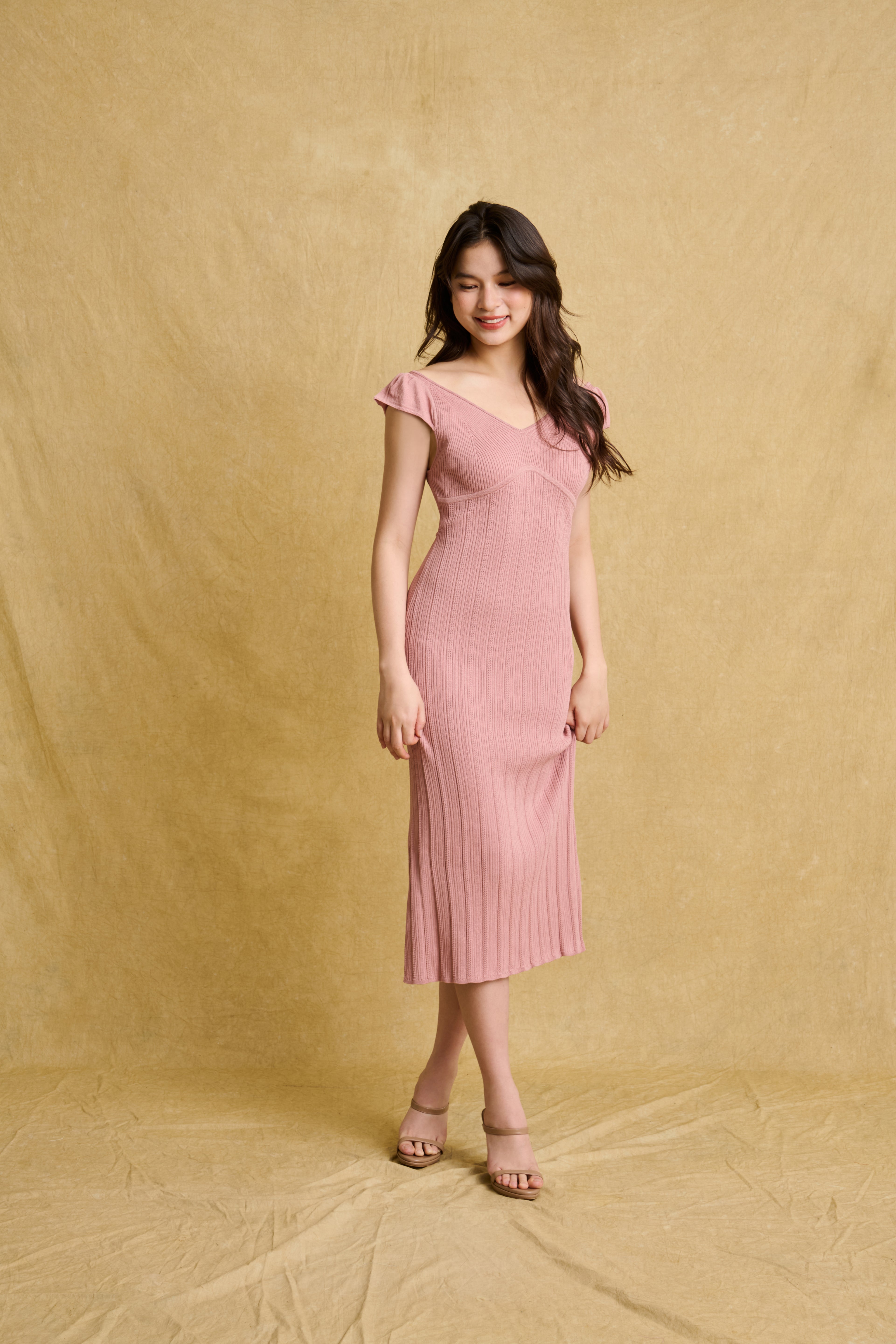 hello ronron | Gabrielle Dress Rosewood Pink | V-Neck Bustier Back tie Frill Sleeve Midi Mermaid Pointelle Knit Dress